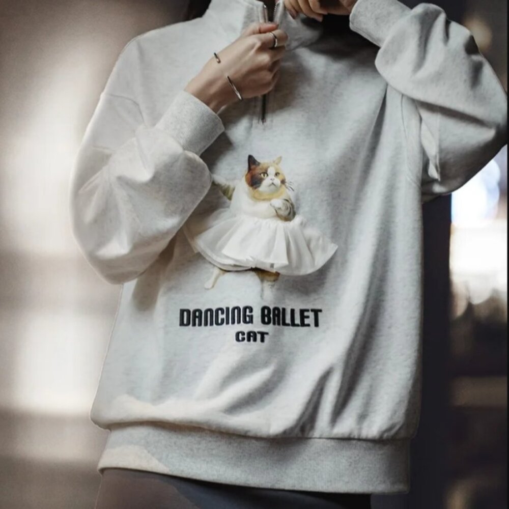 Maden Printed Cartoon Sweatshirts Loose Pullover Light Gray Sweatshirt Women (L)